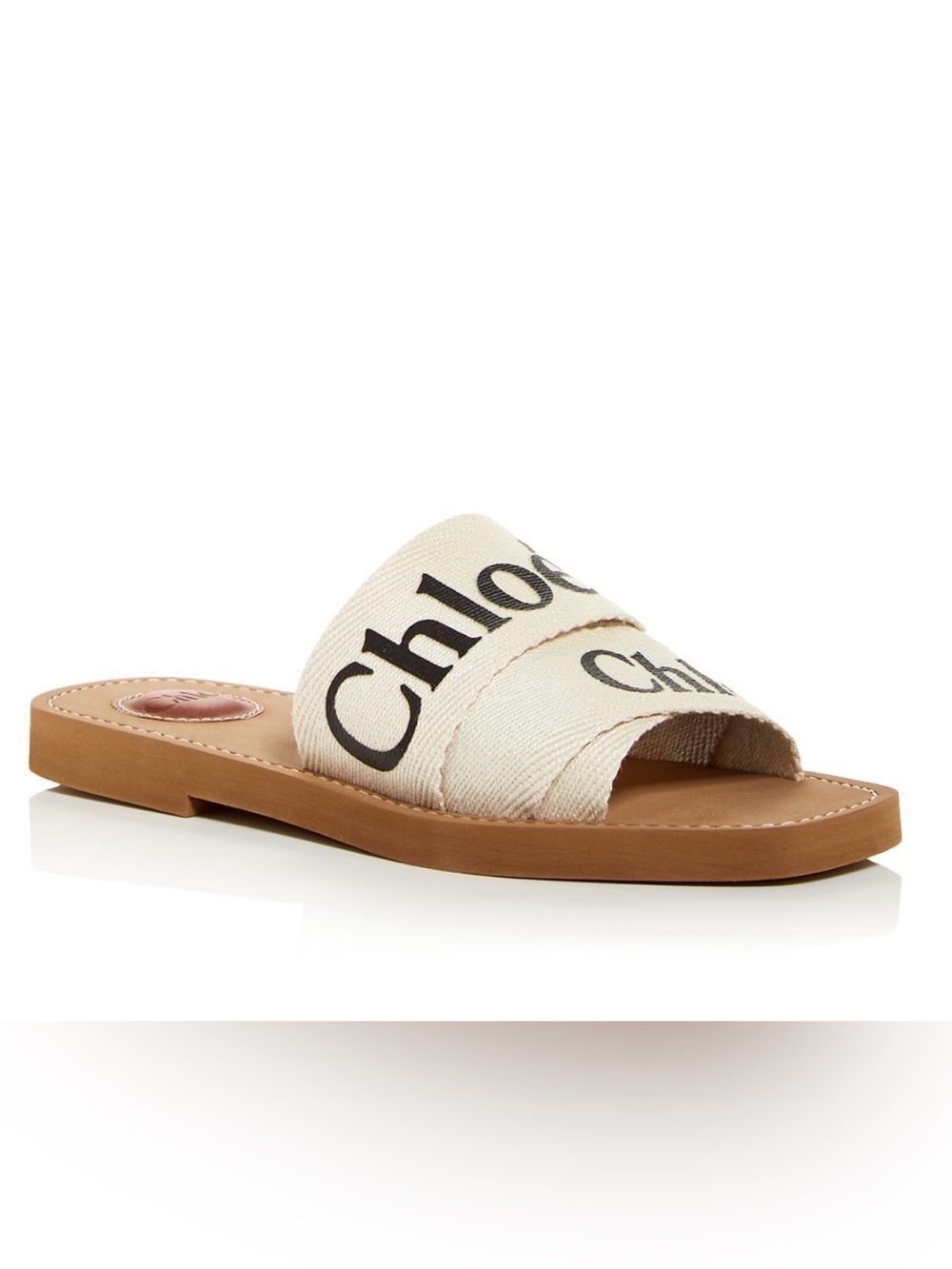 Chloe Woody Cream Canvas Logo Slide Sandal with Tan Sole. Dust bags included.